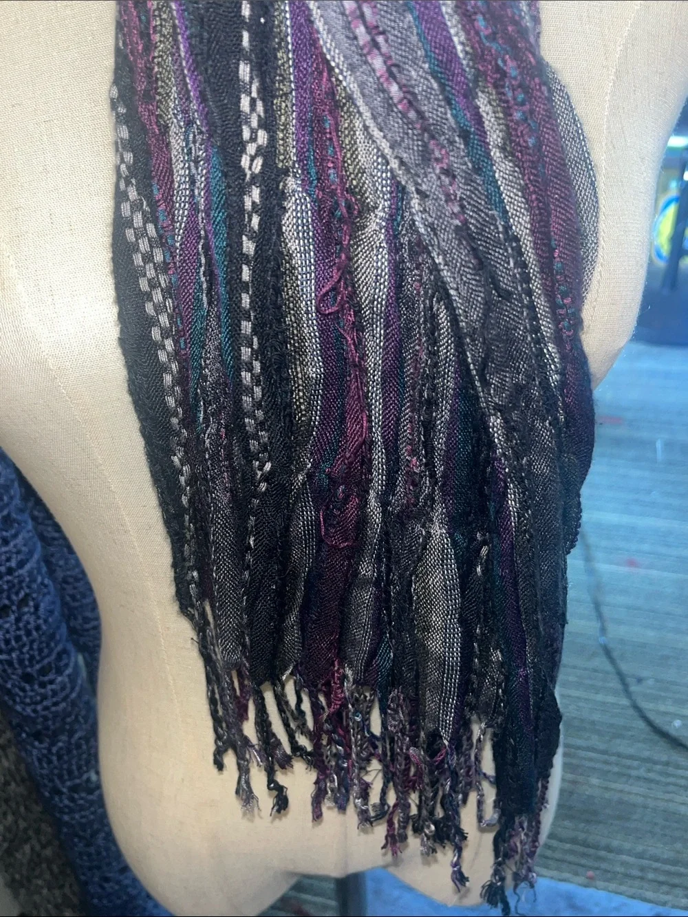 Lightweight Striped Fringe Scarf - Black & Purple Bohemian Crinkle Textured S197